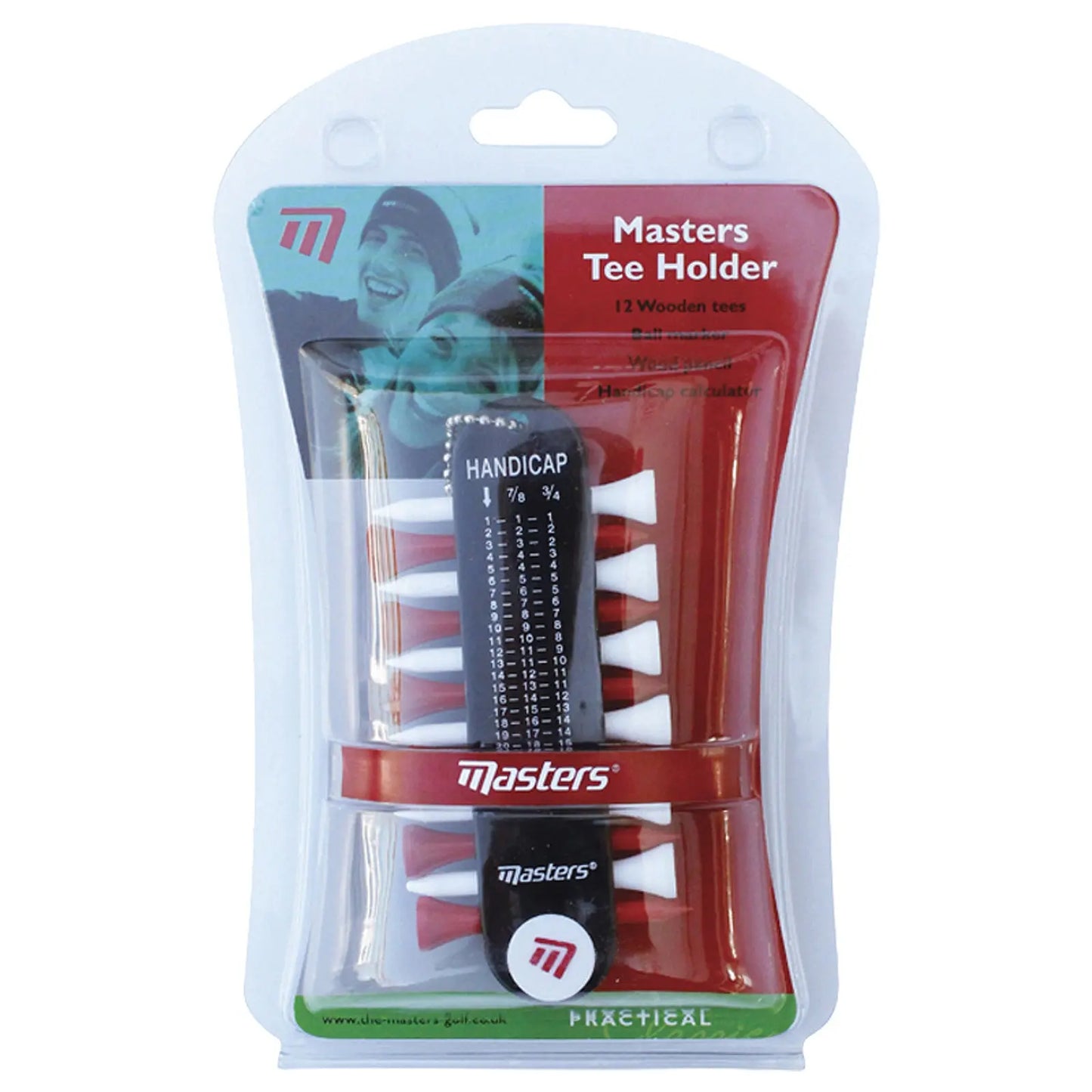 A plastic package contains a golf tee holder with twelve wooden tees in red and white. The holder features a handicap calculator along with branding from Masters Golf.