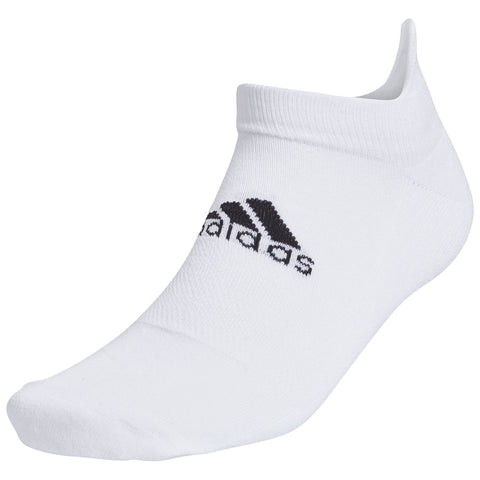A white athletic sock displays a black Adidas logo on its side while being positioned upright against a neutral background indicating it is designed for sports and casual wear.