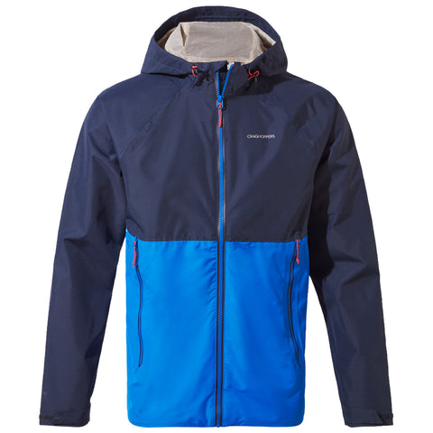 A blue and dark navy jacket with a hood is displayed front-facing featuring a zipper and two side pockets showcasing a combination of colors and a lightweight design suitable for outdoor wear.