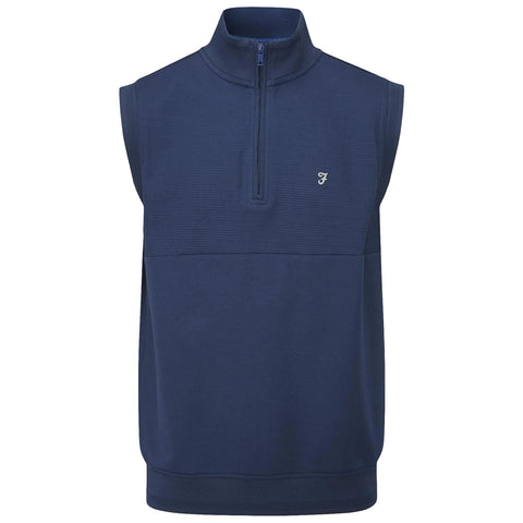 A navy sleeveless pullover features a half-zip collar and a textured design on the upper portion with a small logo on the chest suitable for casual or athletic wear.