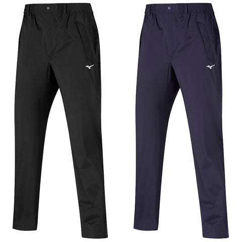 Mizuno Mens NexLite Flex Waterproof Trousers Two pairs of athletic pants are displayed side by side one in black and the other in navy blue both featuring an elastic waistband and side pockets with a logo near the pocket on each pair