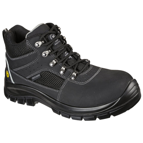 A black mid-height work boot features a protective toe cap and mesh panels. It has metal eyelets for laces and a rugged sole designed for traction and durability.