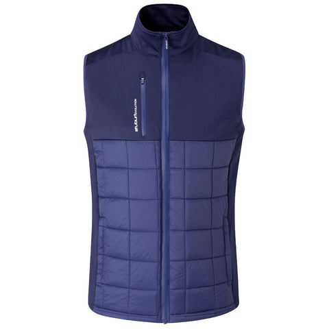 A navy blue vest features a quilted padded front and smooth fabric on the sides and back it has a high collar and a zippered front with a small pocket
