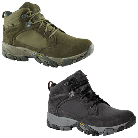 Craghoppers Mens Salado Waterproof Mid Walking Boot Two pairs of sturdy hiking boots are displayed side by side. The boots feature high tops for ankle support and are designed for outdoor terrain with rugged soles for traction.