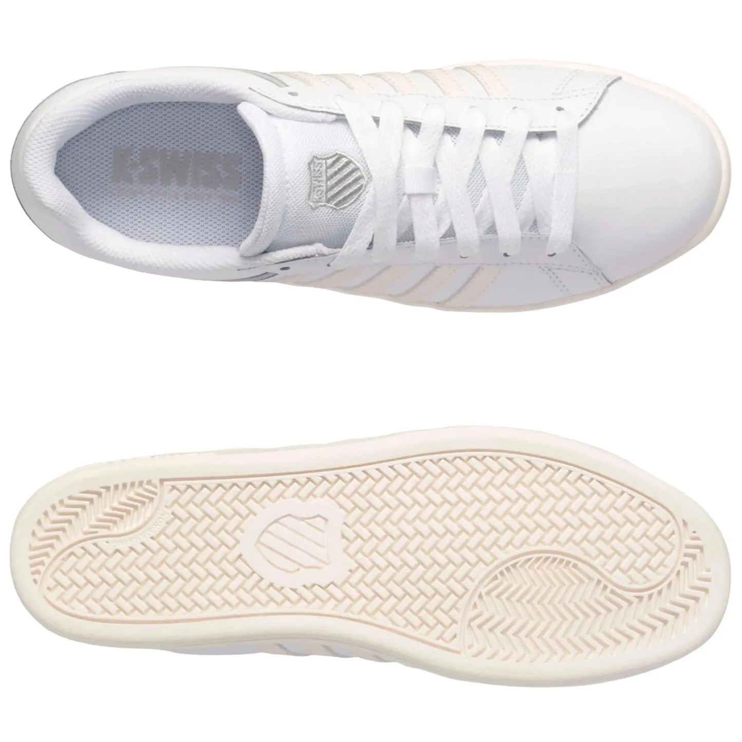 A pair of white athletic shoes with a smooth upper and textured sole are displayed from above and below against a plain background showcasing their clean design and features.