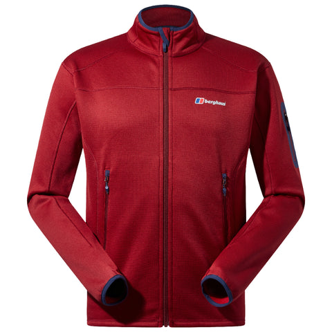 A red zip-up jacket with a textured pattern features blue accents on the cuffs and a logo on the chest. It has zippered pockets on the sides and an upright collar.