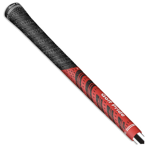 A black and red golf grip is positioned diagonally against a white background showcasing textured patterns for enhanced grip designed for better control in golf.