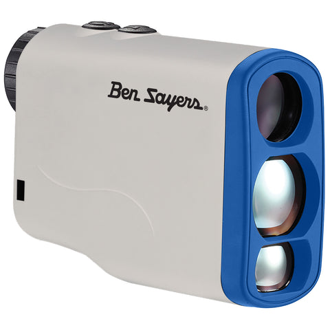 A golf rangefinder is positioned facing forward featuring a white casing with blue accents and three lenses visible in front used for measuring distances on a golf course.