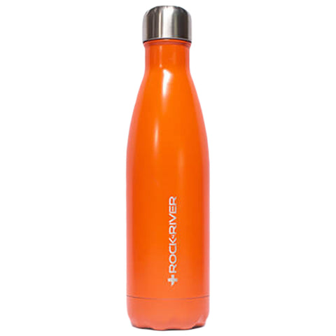 A bright orange insulated water bottle stands upright with a stainless steel cap on top while featuring the brand name ROCK RIVER printed in white on the side.