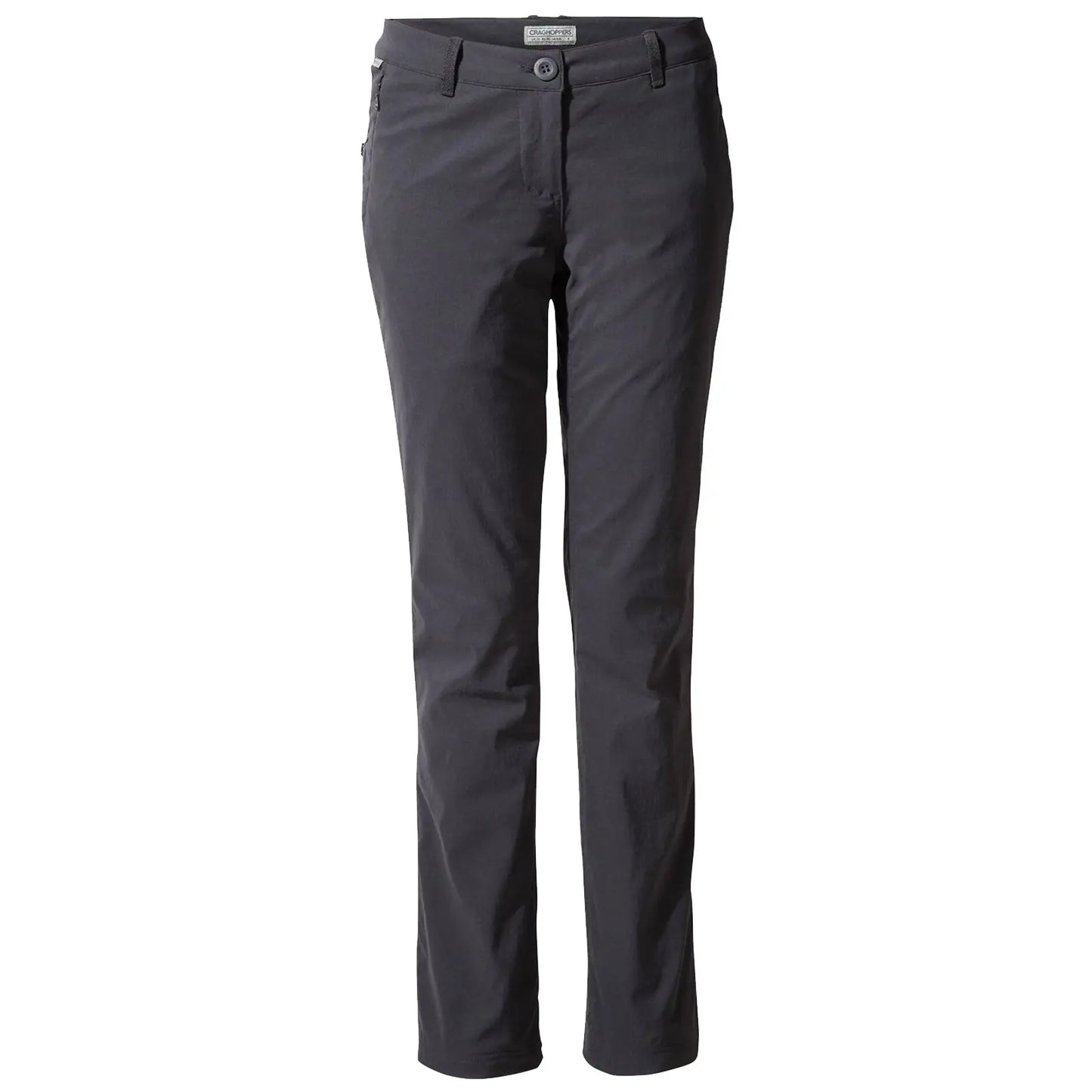 Dark gray pants are displayed standing upright showcasing a slim fit design with a button closure and pockets presenting a casual appearance suitable for outdoor or daily wear.