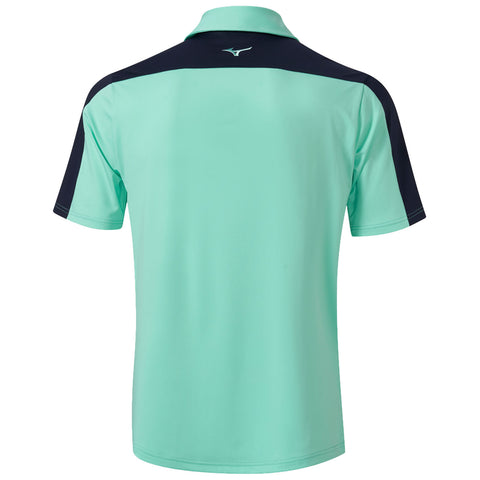 A mint green polo shirt with navy blue shoulder panels is displayed from the back highlighting its collar and short sleeves. The shirt features a logo on the upper back.