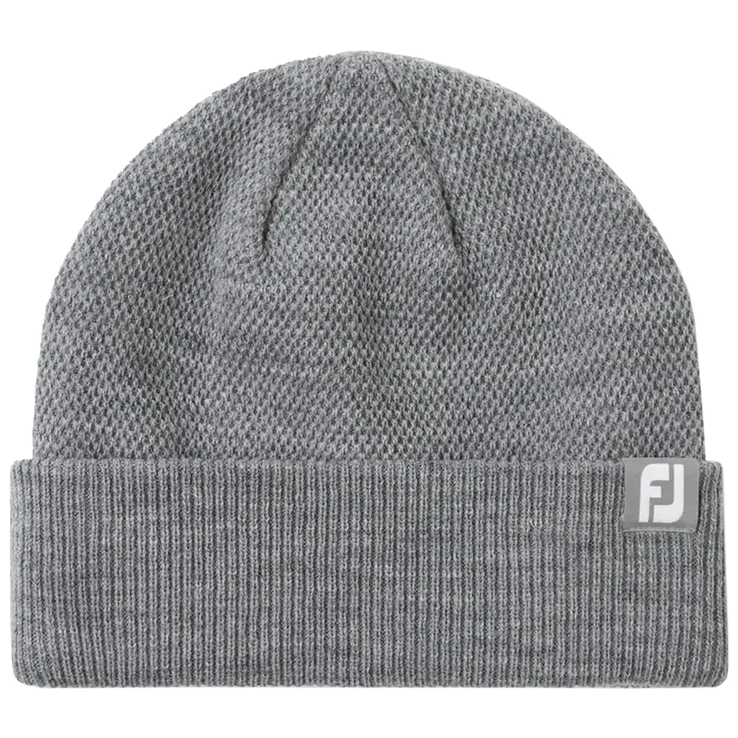 A gray knitted beanie is displayed upright with a thick folded brim. The context appears to be a neutral background that emphasizes the beanie's texture and design features.