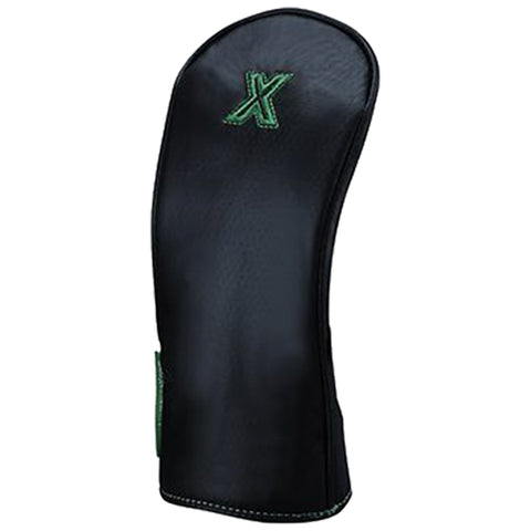 A black golf club headcover stands upright displaying its sleek design with green stitching the headcover protects the club in a golf bag or during transport