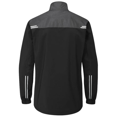 A black jacket with a gray upper section features long sleeves and reflective white stripes on the back and sleeves, suitable for outdoor activities in varying weather conditions.
