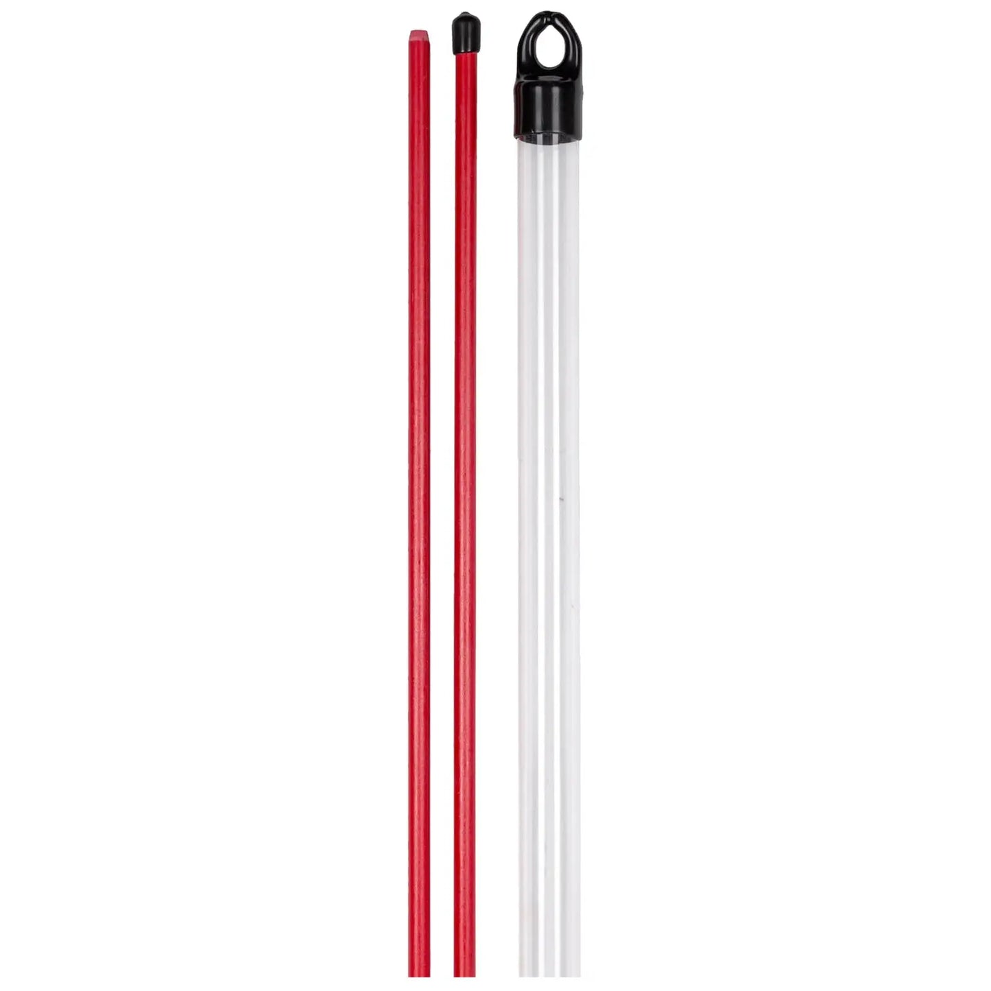 A clear plastic tube with a cap is placed alongside two red marking sticks both with pointed ends indicating they are tools used for measuring or marking in an unobtrusive setting
