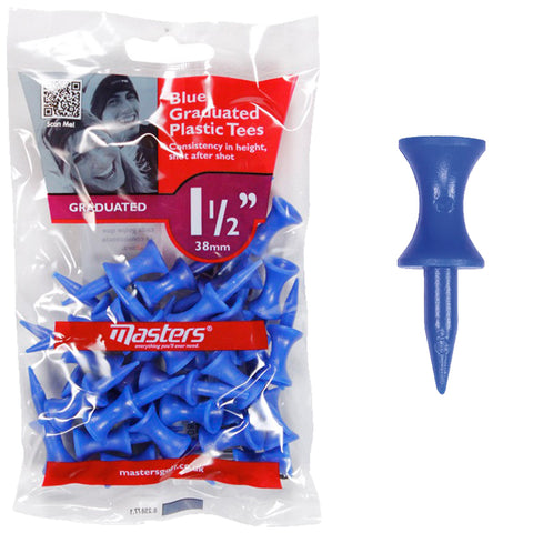 Blue graduated plastic tees are grouped together in a transparent packaging with a promotional label indicating their size and function placed against a simple background.