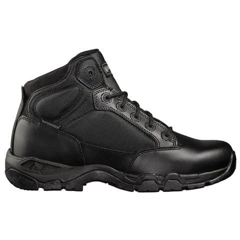 Black waterproof hiking boot with a lace-up design features a textured upper and rugged sole suited for outdoor terrain in various weather conditions. Suitable for active and rugged use.