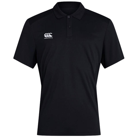 A black polo shirt is displayed front-facing showcasing short sleeves and a collar with three buttons while featuring a logo on the left side indicating the Canterbury brand