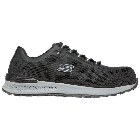 A black athletic shoe with a mesh upper features a grey sole and laces while showcasing the brand logo on the side designed for comfort and performance.