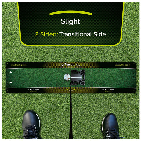A golf putting aid is positioned on a green surface with a foot hovering over it. The device features a slight transitional side, suggesting it is used to improve putting accuracy. Text visible includes website and social media links.