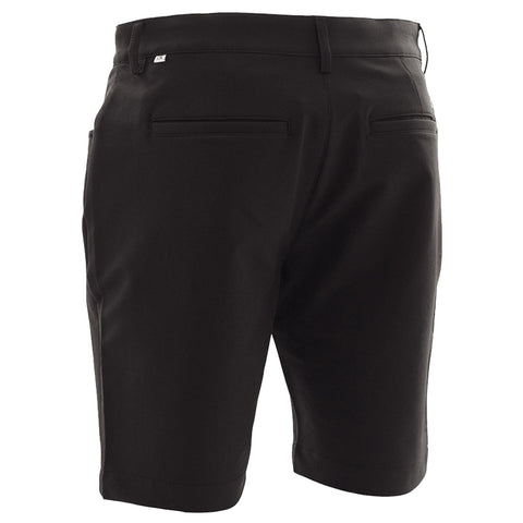 Black shorts are displayed from a side angle highlighting their tailored design and smooth fabric with pockets shown in a neutral background emphasizing the clothing's features