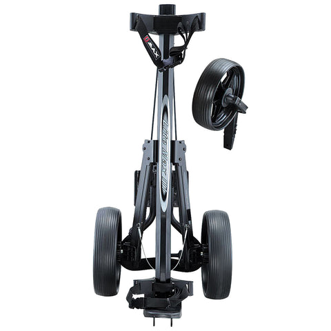 A golf push cart stands upright with three wheels displayed prominently the rear wheel is detached and set beside the cart the overall setting is neutral without specific background elements