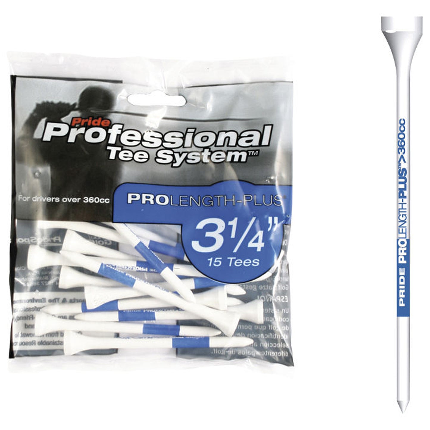 A pack of golf tees is visible containing fifteen white tees with blue markings showcasing a professional tee system designed for drivers over 360cc each measuring three and one-fourth inches.