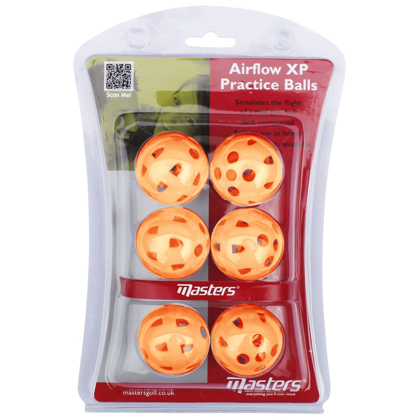 Six orange practice golf balls with holes are packaged together. The packaging indicates they simulate the flight of a real ball. Suitable for home use as stated on the label.
