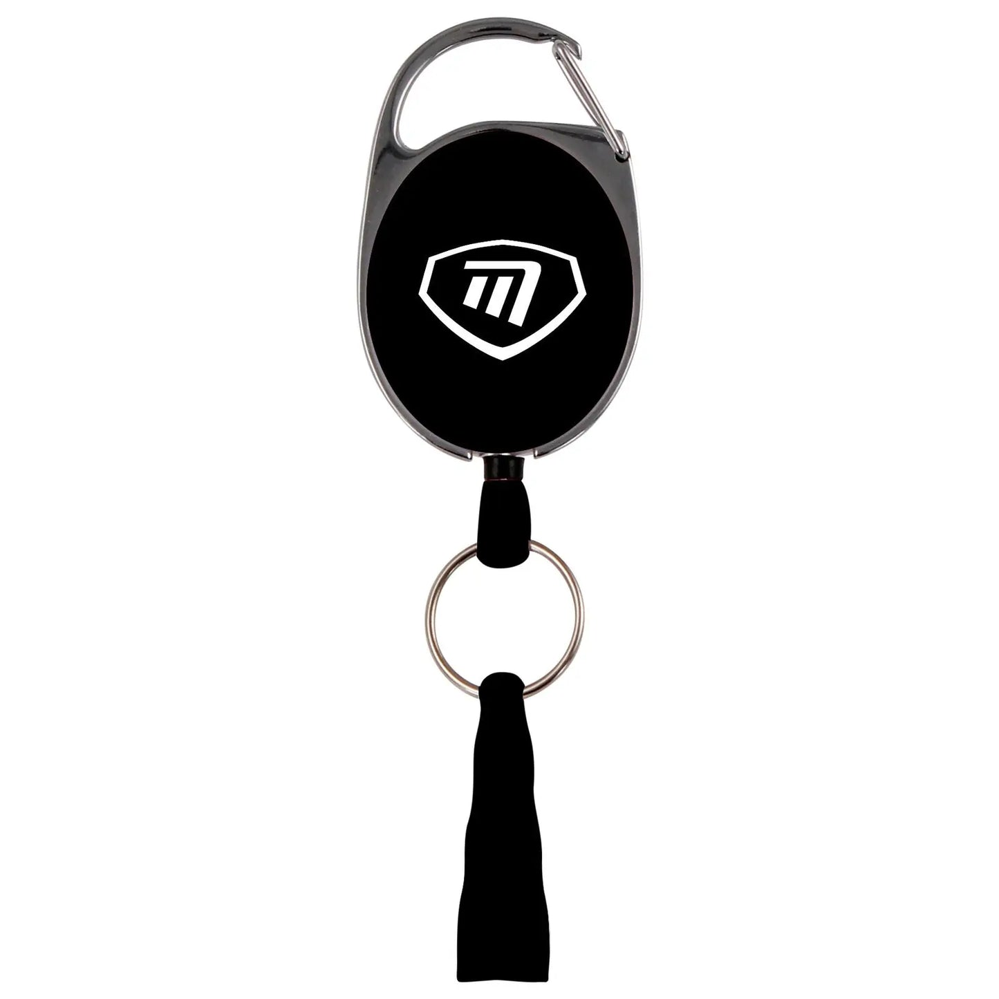 A retractable badge holder features a circular black case with a white logo attached to a keyring and strap that allows for easy access and attachment.