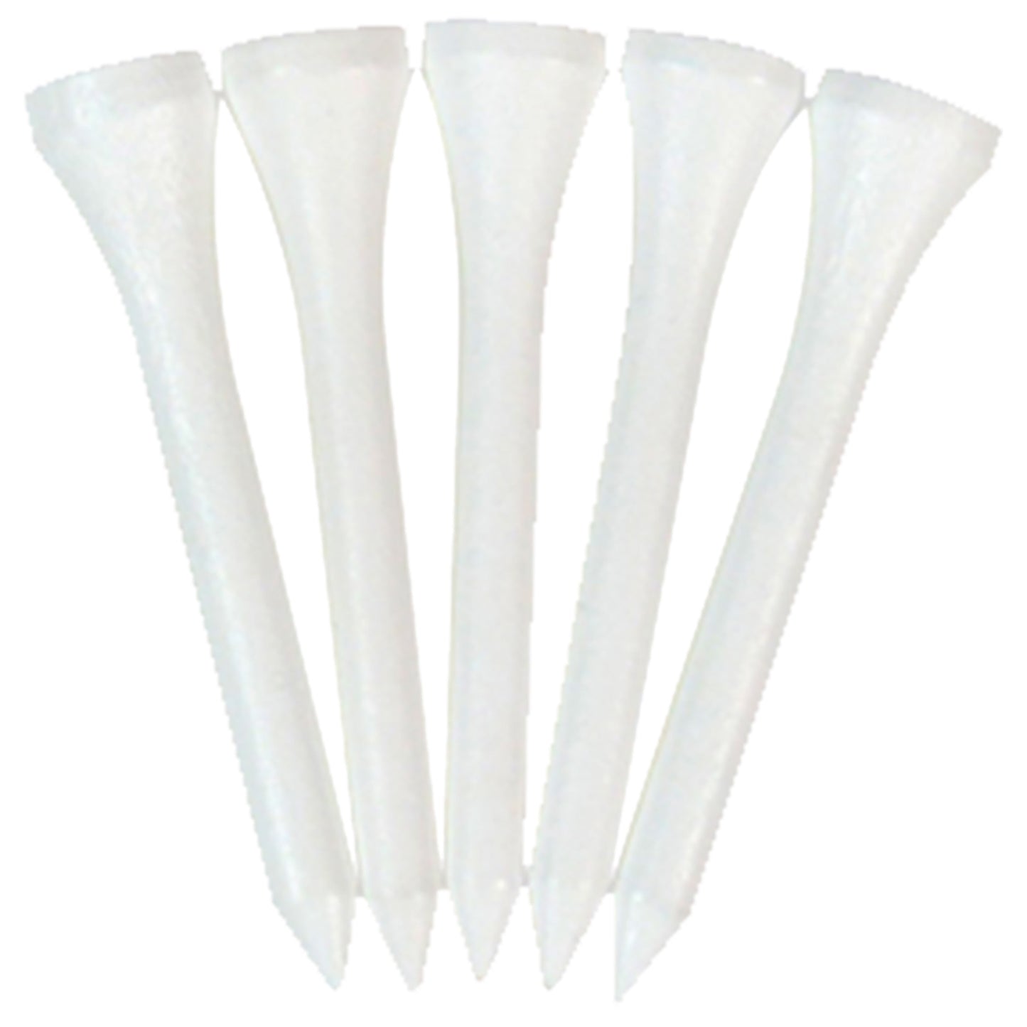 Five white golf tees are arranged side by side with pointed ends facing downwards and wider top sections at the top highlighting their purpose for holding golf balls above the ground.