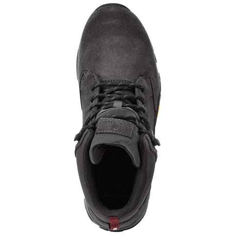 A black hiking shoe rests upright showcasing its padded tongue and laces it features a textured surface and a logo on the insole suitable for outdoor activities.