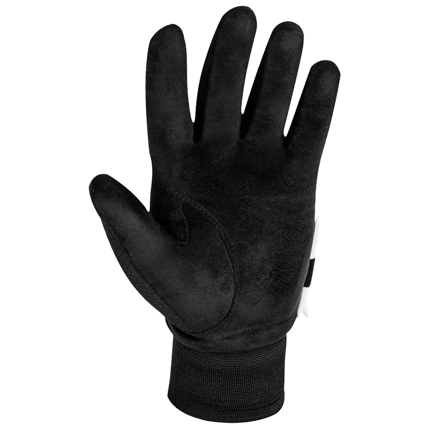 A black glove is displayed with the palm facing up showing a soft texture while positioned against a plain background suggesting readiness for use in various tasks or activities