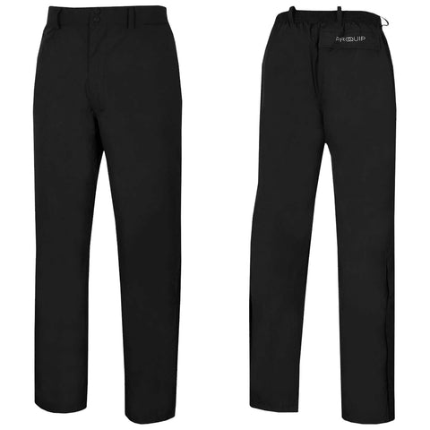 Black pants are displayed standing upright showing a buttoned front and an elastic waistband the fabric appears smooth and suitable for casual or formal wear. The rear features a logo.