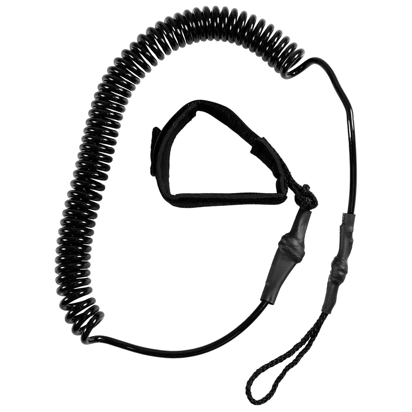 A black coiled leash with a padded wrist strap is laid out against a plain background designed for securing an object. The leash is flexible and reusable.