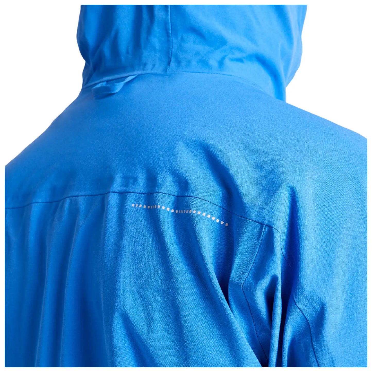 A blue hooded jacket is shown from the back with a smooth texture and a reflective detail on the shoulder indicating a focus on active or outdoor functionality in a plain background.