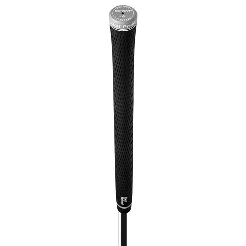 A black golf club grip with a textured surface is positioned upright against a plain background, designed for improved holding during swings in golf.