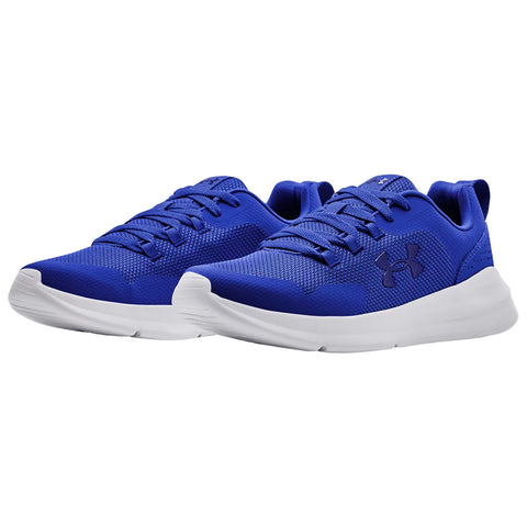 Blue athletic shoes with white soles are positioned side by side showcasing a mesh upper and lace-up design suitable for running or casual wear in a neutral background.