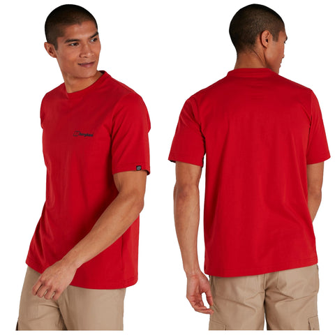 A man wearing a bright red t-shirt stands with a slight smile facing slightly to the side showcasing the shirt's front and back in a plain background.