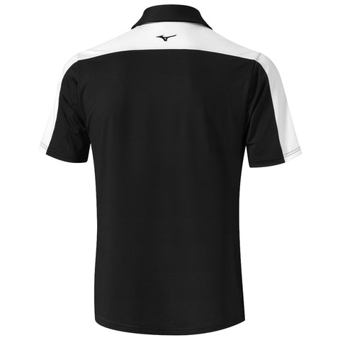 A black polo shirt with white shoulder accents displays a logo on the back. It is designed for casual wear or sports, showcasing a sleek and modern style.
