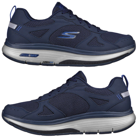 Navy athletic shoes with mesh panels feature a sleek design and thick cushioned sole labeled hyperburst and archfit positioned against a plain background suitable for showcasing footwear.