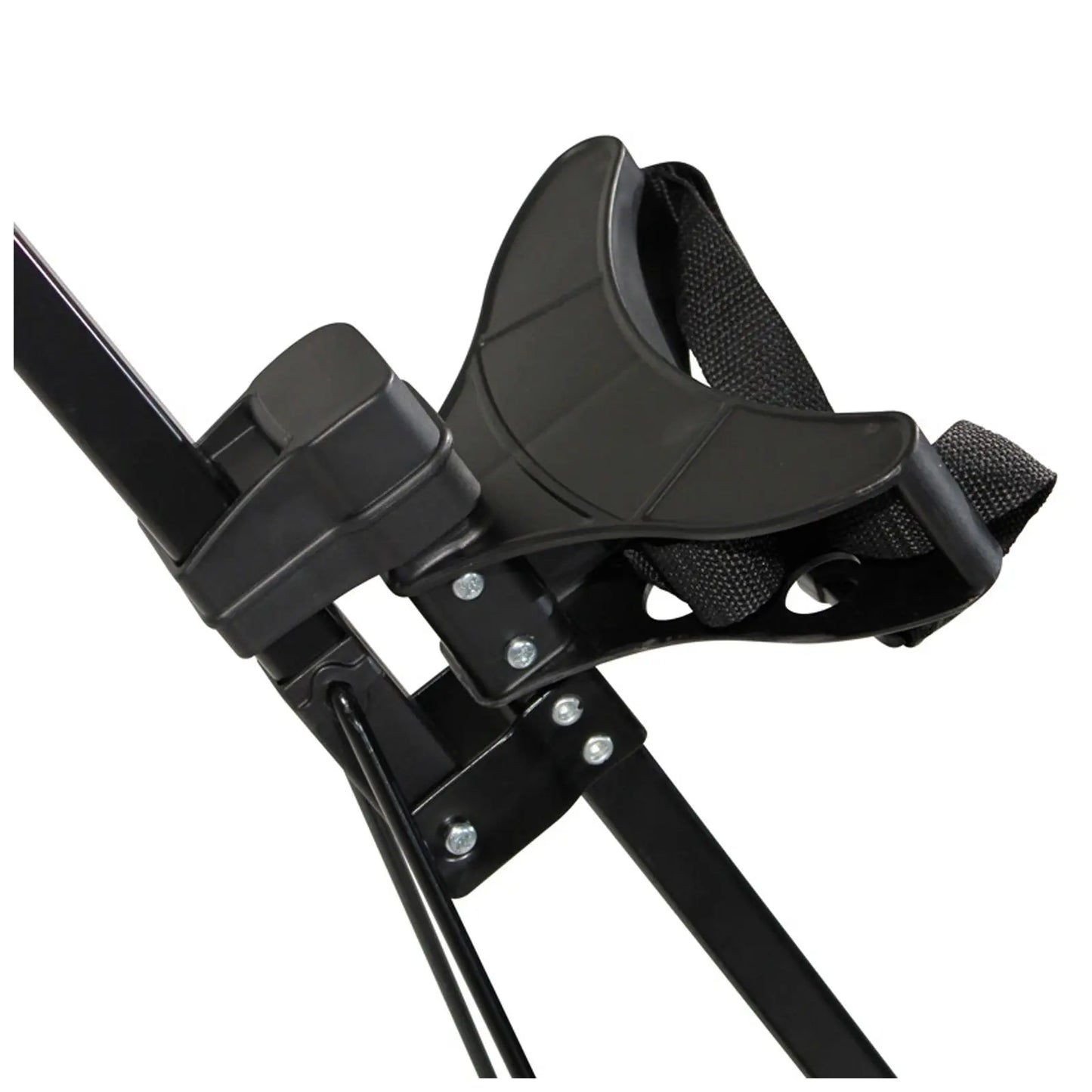 A black and gray adjustable strap securely holds a harness on a metallic frame with bolts and screws visible, indicating a sturdy construction likely used for supportive or recreational purposes.