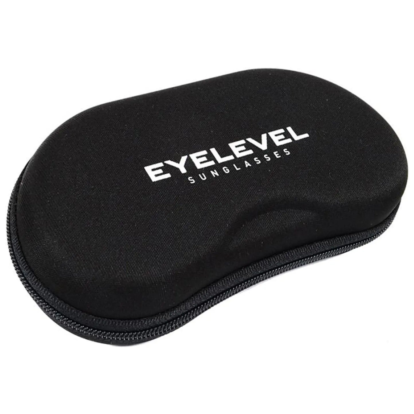 A black sunglasses case is lying flat showcasing its oval shape and zipper featuring the text EYLEVEL SUNGLASSES prominently displayed on the surface. The setting is neutral, focusing on the case.