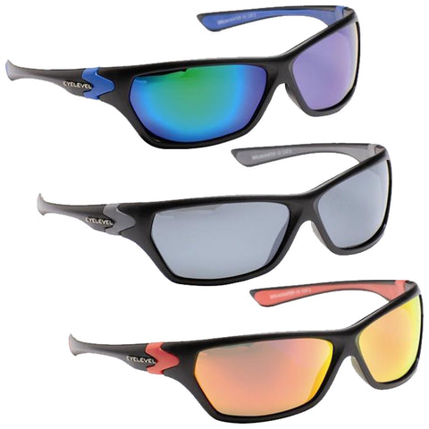 Three pairs of sports sunglasses are displayed upright in a stacked arrangement showcasing different colored lenses including green blue gray and orange with black frames labeled with the brand name Eyelevel.