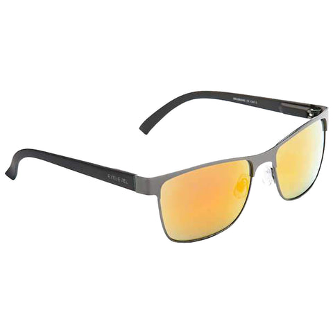 Sunglasses with a sleek gray metallic frame are positioned with the lenses reflecting a golden hue emphasizing their stylish design suitable for outdoor wear.