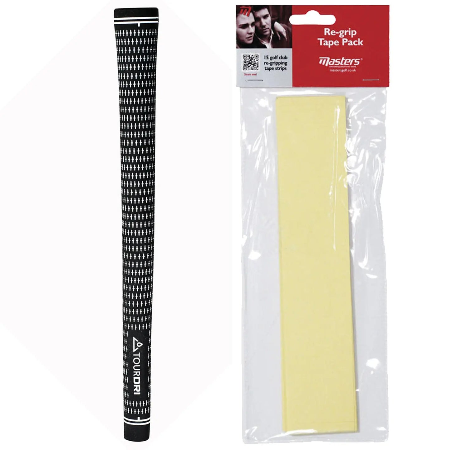 A black golf club grip with a textured pattern is displayed on the left while a pack of yellow re-gripping tape strips is packaged on the right showing the brand name Masters.