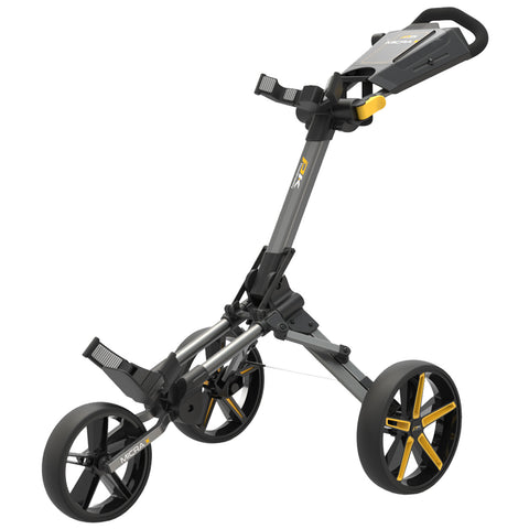 A golf push cart stands upright with three wheels and a handlebar for pushing. It is designed for transporting golf clubs and accessories across a course, showcasing a modern ergonomic design.
