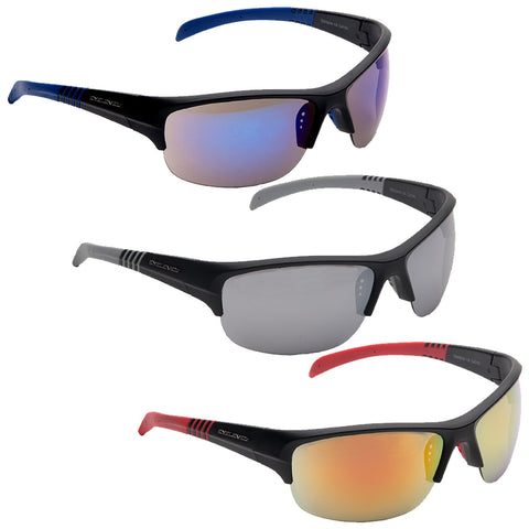 Three pairs of sports sunglasses are displayed prominently. The top pair features mirrored blue lenses, the middle pair has gray lenses, and the bottom pair showcases orange lenses, all in a sleek design.