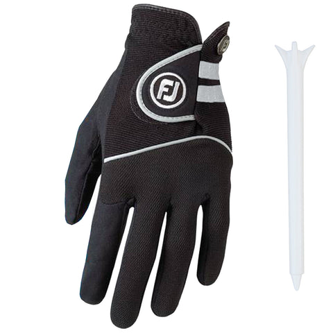 A black golf glove with a logo and white accents is displayed alongside a white golf tee, sitting against a plain background, ready for use in a golfing context.
