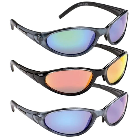 Three pairs of sunglasses with different colored lenses are stacked on top of each other showcasing their sleek design and reflective surfaces against a neutral background.