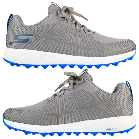 A pair of grey golf shoes with textured upper surfaces and blue studs are oriented side by side showcasing their design and features suitable for outdoor sports.